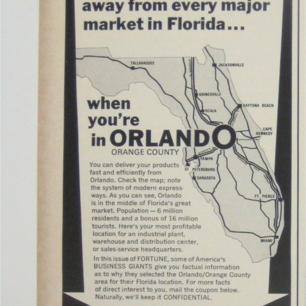 Vintage 1966 Orlando Florida Business Development Print Ad Orange County